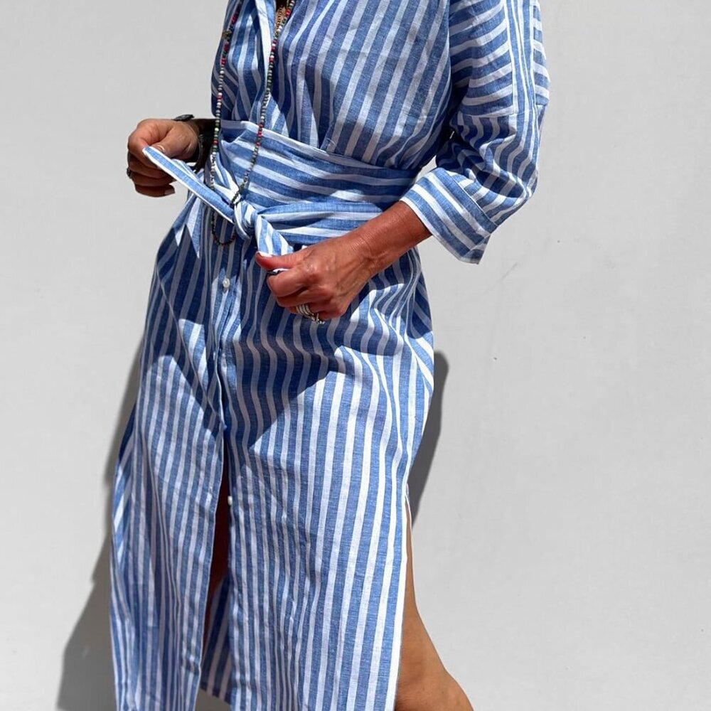 Women's Cotton Maxi Shirt Dress Blue Striped Casual 3/4 Sleeve Belted - Picture 3 of 6